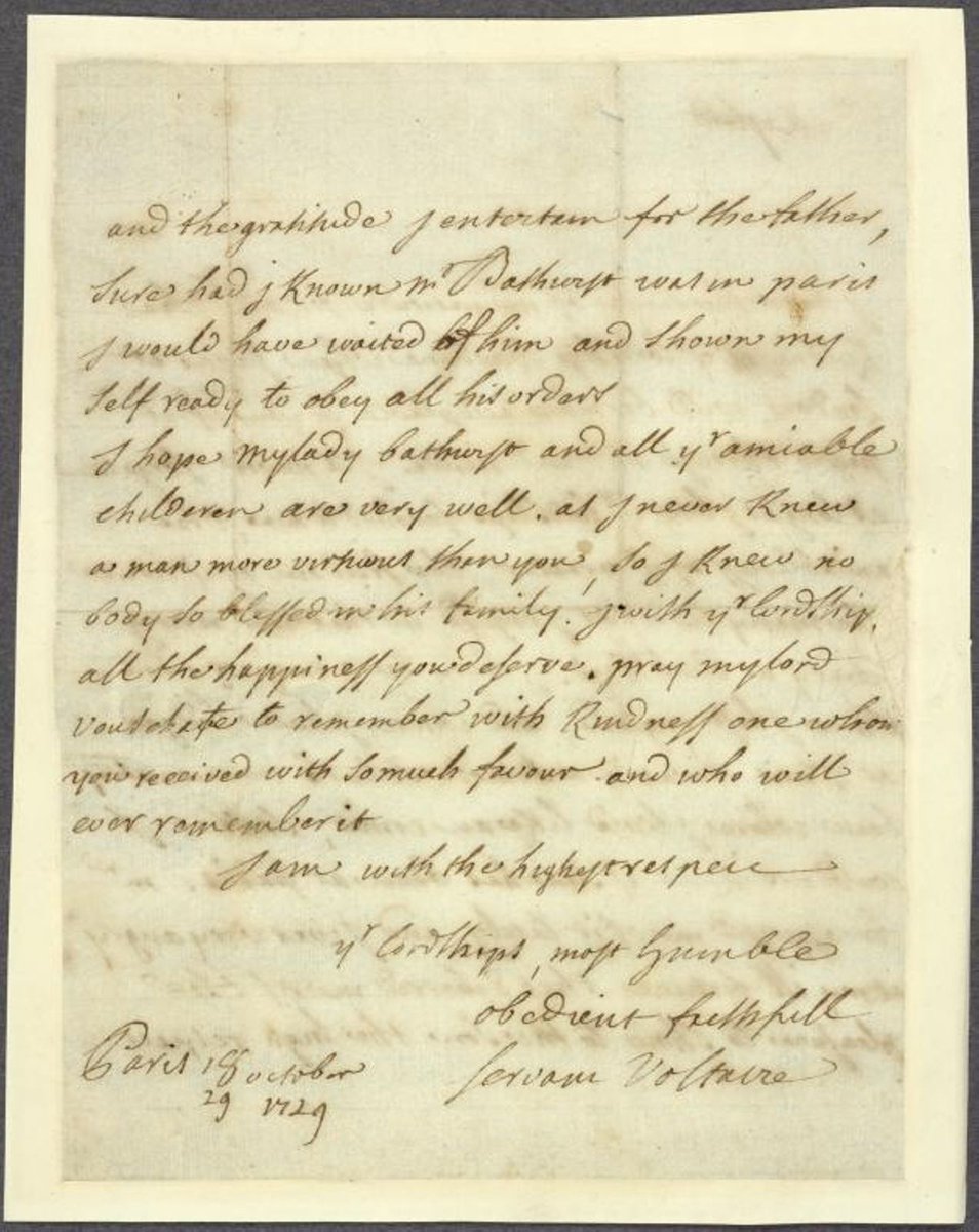 nypl's tweet image. Just over 330 years ago, famed philosopher Voltaire was born in France. Now a high school social studies staple, his works were influential and controversial in 18th-century Europe. Go beyond the curriculum with items like this handwritten letter in #NYPLDigitalCollections.
