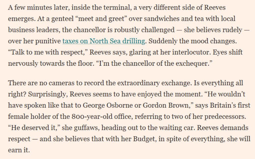 Rachel Reeves response to an upset businessman: “Talk to me with respect, I’m the Chancellor of the Exchequer.” The ego has landed…