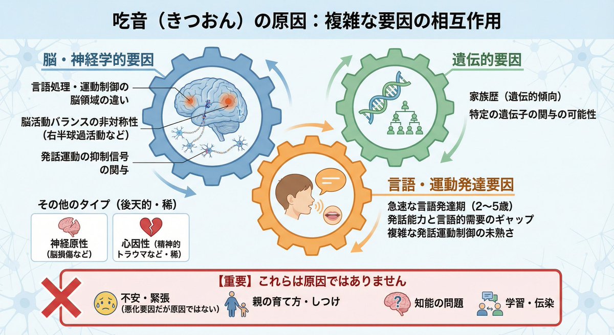 話題のnano banana Proで作った画像。吃音の原因をインフォグラフィック画像にしてと言うだけでこれを作ってくるの、すごいな。