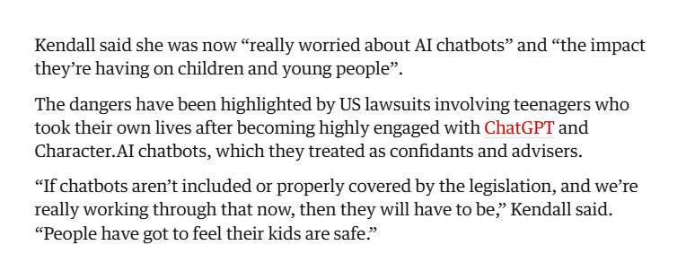 owenboswarva's tweet image. UK tech secretary Liz Kendall seems to be pushing for legislation restricting chatbots, beyond current scope of the Online Safety Act theguardian.com/media/2025/nov…

OSA only applies to chatbots if they include user-to-user engagement or live search

#censorship #openweb #techpolicy