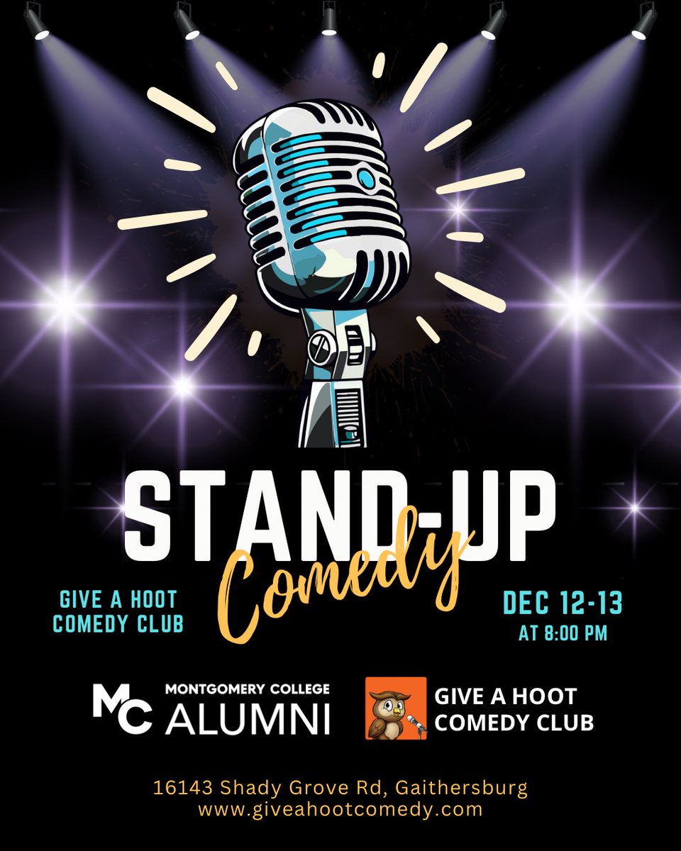 MCAlumniAssoc's tweet image. As we get ready for the holiday season, please save the date and join us at Give A Hoot Comedy Club on December 12-13 at 8pm for a comedy show fundraiser! 🎭 Give A Hoot is Montgomery County’s only full-time comedy club. Come out and join to support #scholarships and #localbiz!