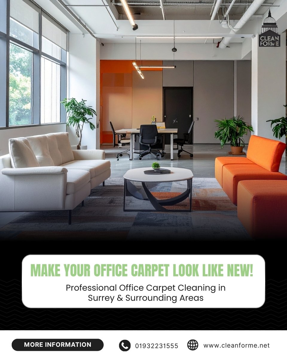 _CleanForMe_'s tweet image. Make your office carpet look like new! 🏢 Clean For Me offers professional #carpetcleaning services for businesses across #Surrey towns.⁠
⁠
Fully insured, experienced, and reliable.⁠
⁠
📞 Contact us at 01932231555 to book your #carpetclean today!⁠