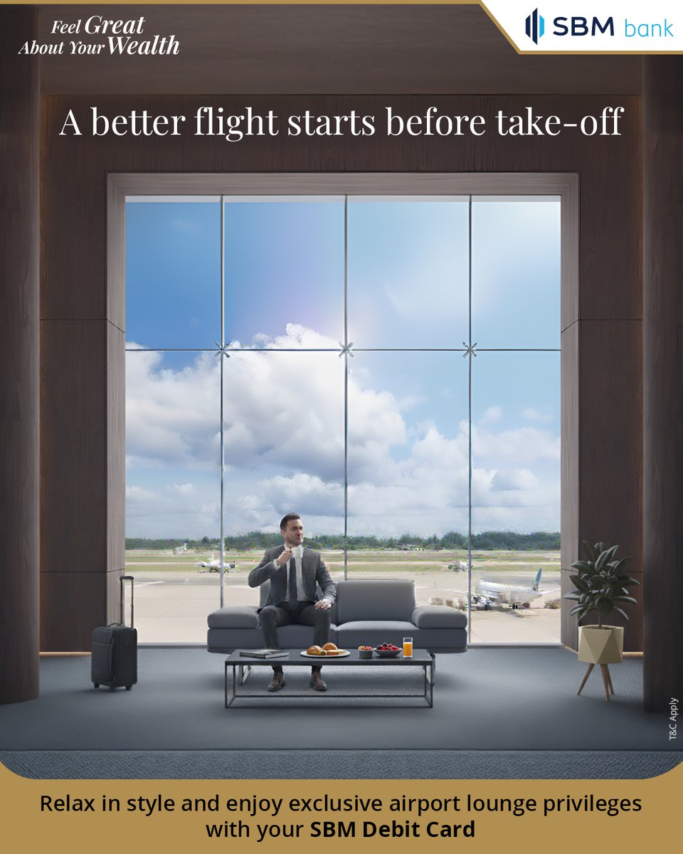 Your journey should feel premium long before you board.
 
Experience seamless comfort with exclusive lounge privileges on your SBM Premium Debit Card.
 
Make every takeoff begin in style.
 
Open your SBM Savings Account today to unlock this privilege.
#SBM #SBMBank #SBMBankIndia