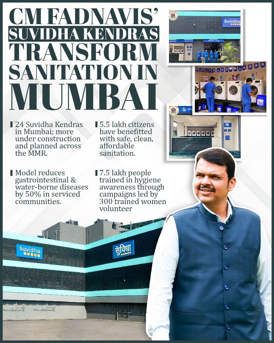 मुख्यमंत्री फडणवीस यांनी निर्माण केलेली  ‘सुविधा केंद्रे’ मुंबईतील स्वच्छतेचे चित्र बदलत आहेत...

मुंबईत 24 सुविधा केंद्रे सुरू; आणखी केंद्रे MMR परिसरात बांधकामाधीन व नियोजनात...
<a href="/Dev_Fadnavis/">Devendra Fadnavis</a>
