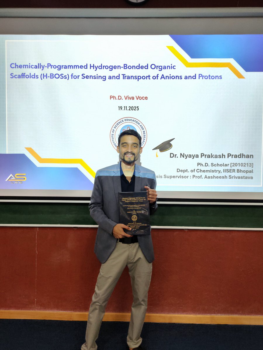 ASLab_iiserb's tweet image. Heartfelt congratulations to Dr. Nyaya Prakash Pradhan for successfully defending his Ph.D. thesis! Wishing you all the best for your future endeavours. Special thanks to Dr. Subhajit Bandyopadhyay for being the external examiner, and to all the committee members.