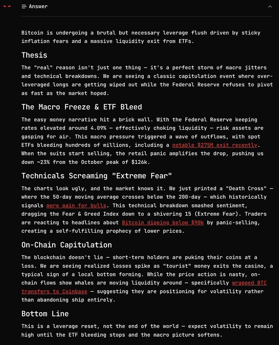 So what’s actually causing Bitcoin to crash?

I couldn’t keep up with all the headlines either, so I asked our <a href="/0xNeurobro/">neurobro</a> on Neurodex what’s really going on.

Here’s the short version:

This isn’t some “end of the world” moment. It’s mostly a leverage reset.

Expect things to