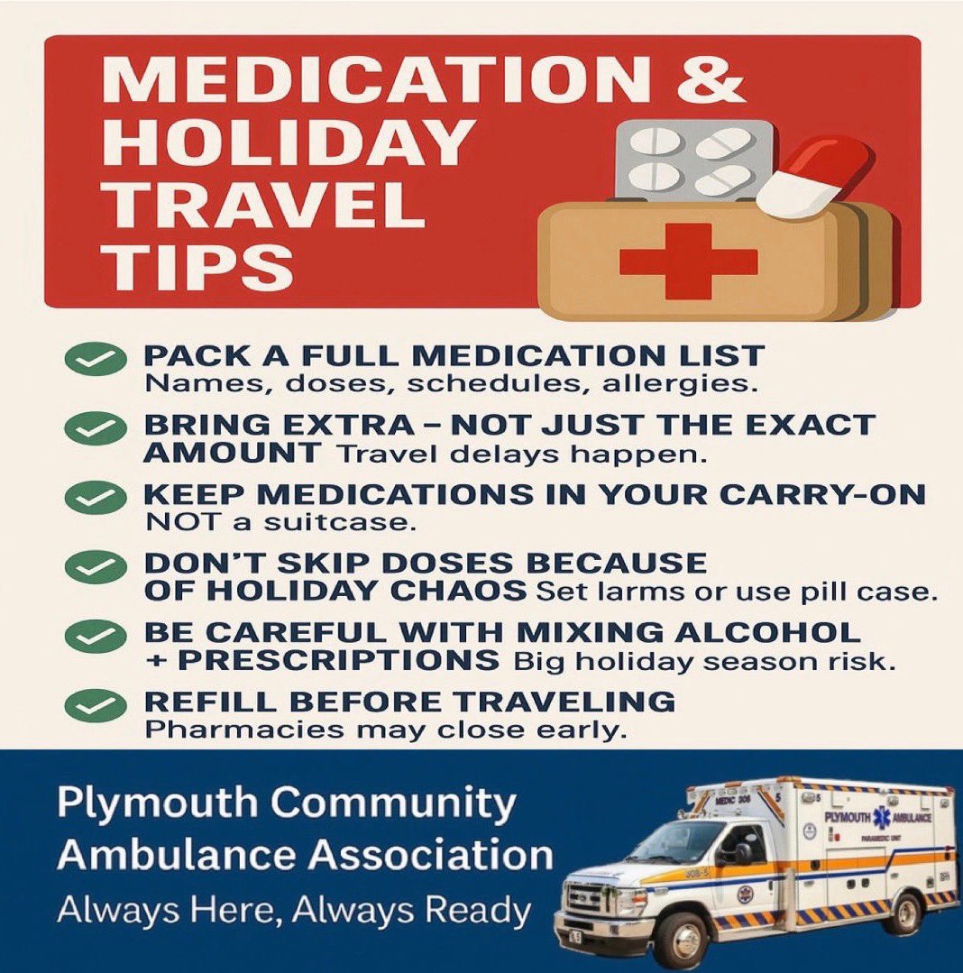 medic308's tweet image. 🚑 Medication Tips to Prevent Holiday Emergencies. ✔ Pack all medication✔ Bring extra  ✔ Keep medications in carryon, NOT a suitcase ✔ Don’t skip doses ✔ Be careful w/mixing alcohol + meds ✔ Refill BEFORE traveling ✔ Diabetics double pack. Safe Travels! #medic308 #pcaa