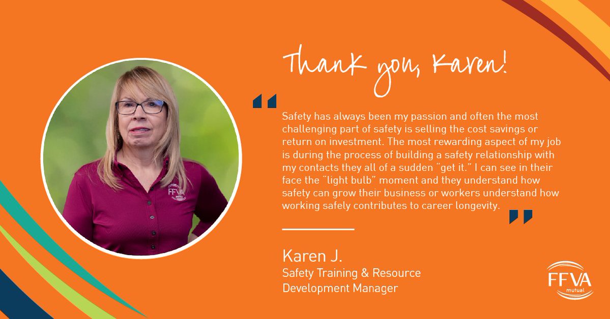 Our Solutionists Spotlight shines on Karen Johnson, who has led FFVA Mutual’s safety training programs for nearly 16 years. Karen is dedicated to keeping workplaces safe every day. Thank you, Karen! #FFVAMutual #WorkersComp