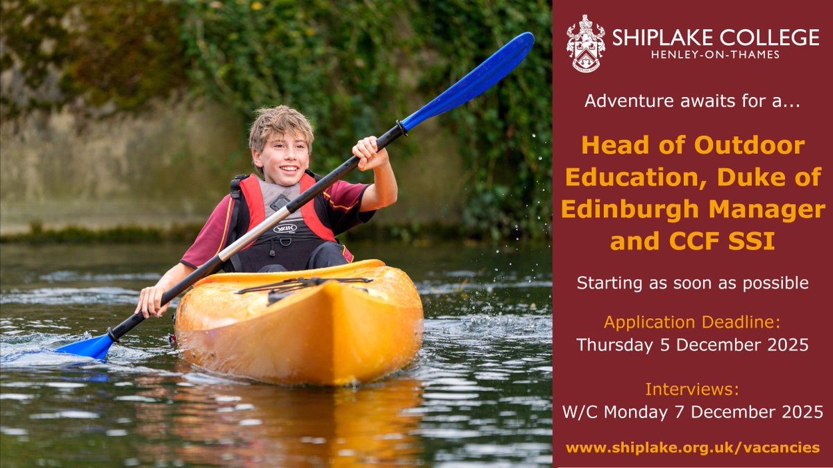 We're looking to recruit a Head of Outdoor Education, Duke of Edinburgh Manager and CCF SSI, to start as soon as possible. Further details and an application form available from buff.ly/3lrRrjH #ShiplakeStaff #ShiplakeVacancies