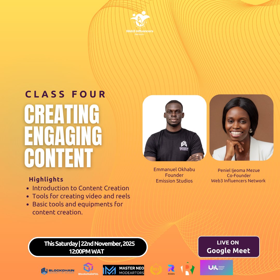 web3influencer's tweet image. Class Four holds tomorrow. We&apos;ll be learning how to create content with @okhabu_emmanuel and @innovativequeen .

Set your reminders.