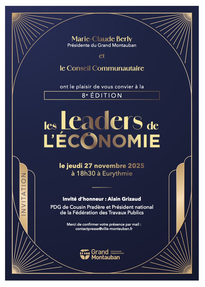 📅#TarnetGaronne : La soirée des Leaders de l'économie organisée par <a href="/GrandMontauban/">Grand Montauban</a> <a href="/villemontauban/">Ville de Montauban</a> aura lieu le jeudi 27 novembre, salle Eurythmie à #Montauban. <a href="/BrigitteBareges/">Brigitte Barèges</a> <a href="/ThDEVILLE/">Thierry DEVILLE</a>