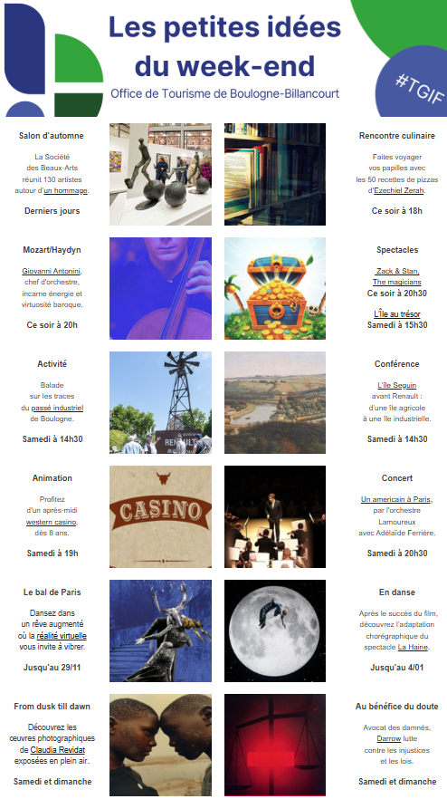 #newsletter C'est le week-end à Boulogne ! <a href="/Ville_BoulogneB/">Ville de Boulogne-Billancourt</a> 

Au programme :

-Derniers jours du salon de l'automne
-Spectacles tout le week-end
-Activités

En savoir plus : tinyurl.com/37mkk7c9