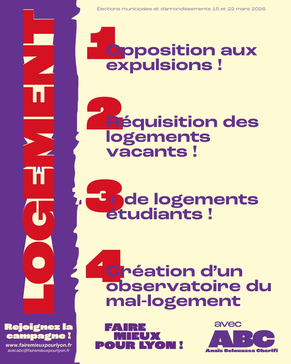 📝 Retrouvez nos propositions pour faire mieux pour le logement à Lyon !

❌ Opposition aux expulsions !
✊ Réquisition des logements vacants !
🏘 + de logements étudiants !
🔭 Création d'un observatoire du mal logement.

#FaireMieuxPourLyon