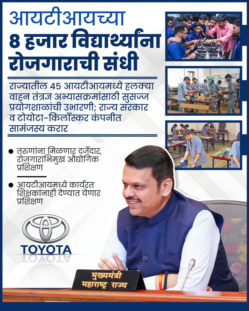 आयटीआयच्या 8 हजार विद्यार्थ्यांना रोजगाराची संधी

राज्यातील 45 आयटीआयमध्ये हलक्या वाहन तंत्रज्ञ अभ्यासक्रमांसाठी सुसज्ज प्रयोगशाळांची उभारणी; राज्य सरकार व टोयोटा-किर्लोस्कर कंपनीत सामंजस्य करार
<a href="/Dev_Fadnavis/">Devendra Fadnavis</a>