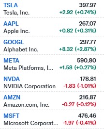 Yariberta's tweet photo. Mixed action for the Magnificent 7 now: $TSLA, $AAPL, $GOOGL, $META ticking up, while $NVDA, $AMZN and $MSFT stay in the red. https://t.co/1CnO29bEDk