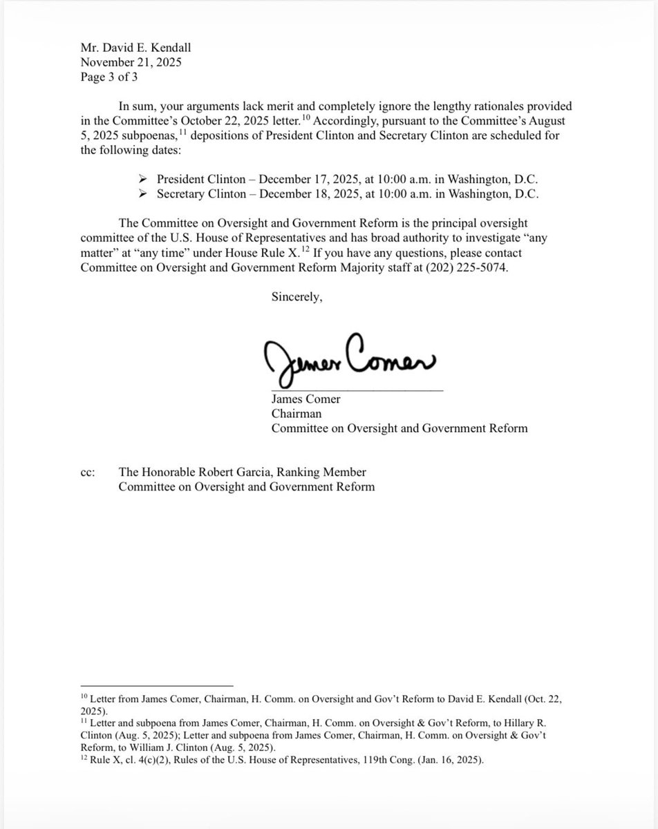 RepJamesComer's tweet image. 🚨Democrats and Republicans approved subpoenas in July for Bill and Hillary Clinton.

After good-faith efforts to schedule depositions, further delays aren’t acceptable. Given their Epstein ties, avoiding Congress would be in defiance of subpoenas &amp;amp; warrant contempt proceedings.