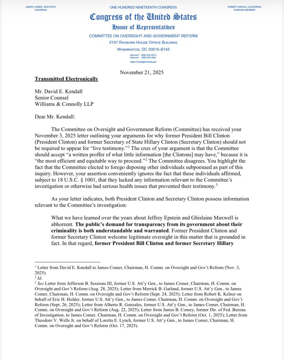 RepJamesComer's tweet image. 🚨Democrats and Republicans approved subpoenas in July for Bill and Hillary Clinton.

After good-faith efforts to schedule depositions, further delays aren’t acceptable. Given their Epstein ties, avoiding Congress would be in defiance of subpoenas &amp;amp; warrant contempt proceedings.