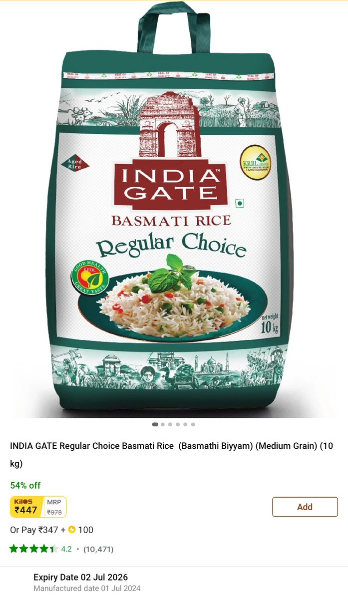 RaviUnx's tweet photo. @dealztrendz Getting a huge discount on INDIA GATE ROZZANA Basmati Rice 10KG Quantity 💯💯 https://t.co/IdYBgHoVbb