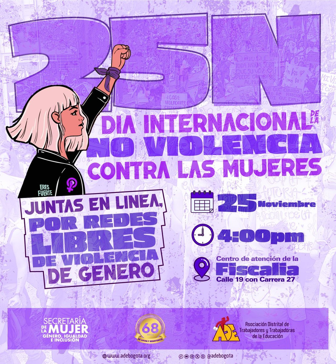 adebogota's tweet image. 🔹 𝟮𝟱𝗡 | 𝗗í𝗮 𝗜𝗻𝘁𝗲𝗿𝗻𝗮𝗰𝗶𝗼𝗻𝗮𝗹 𝗱𝗲 𝗹𝗮 𝗘𝗹𝗶𝗺𝗶𝗻𝗮𝗰𝗶ó𝗻 𝗱𝗲 𝗹𝗮 𝗩𝗶𝗼𝗹𝗲𝗻𝗰𝗶𝗮 𝗰𝗼𝗻𝘁𝗿𝗮 𝗹𝗮𝘀 𝗠𝘂𝗷𝗲𝗿𝗲𝘀 🔹

𝗧𝗲 𝗶𝗻𝘃𝗶𝘁𝗮𝗺𝗼𝘀 𝗮 𝗽𝗮𝗿𝘁𝗶𝗰𝗶𝗽𝗮𝗿 𝗲𝗻 𝗲𝗹 𝗽𝗹𝗮𝗻𝘁ó𝗻 𝗱𝗲𝗹 𝟮𝟱𝗡 𝘆 𝗮 𝗮𝗹𝘇𝗮𝗿 𝗹𝗮 𝘃𝗼𝘇 ✊💜 𝗰𝗼𝗺𝗼…