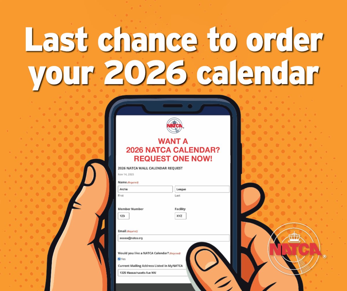 NATCACFS's tweet image. NATCA members that want to receive a 2026 wall calendar must request one. Orders will be closing today, Friday, Nov. 21, at noon EST. If you still want a calendar, please fill out this form: natca.org/2025/11/14/202….