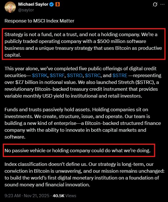 KobeissiLetter's tweet image. BREAKING: Michael Saylor responds to the MSCI index situation:

&quot;MicroStrategy is not a fund, not a trust, and not a holding company. We’re a publicly traded operating company with a $500 million software business and a unique treasury strategy that uses Bitcoin as productive…