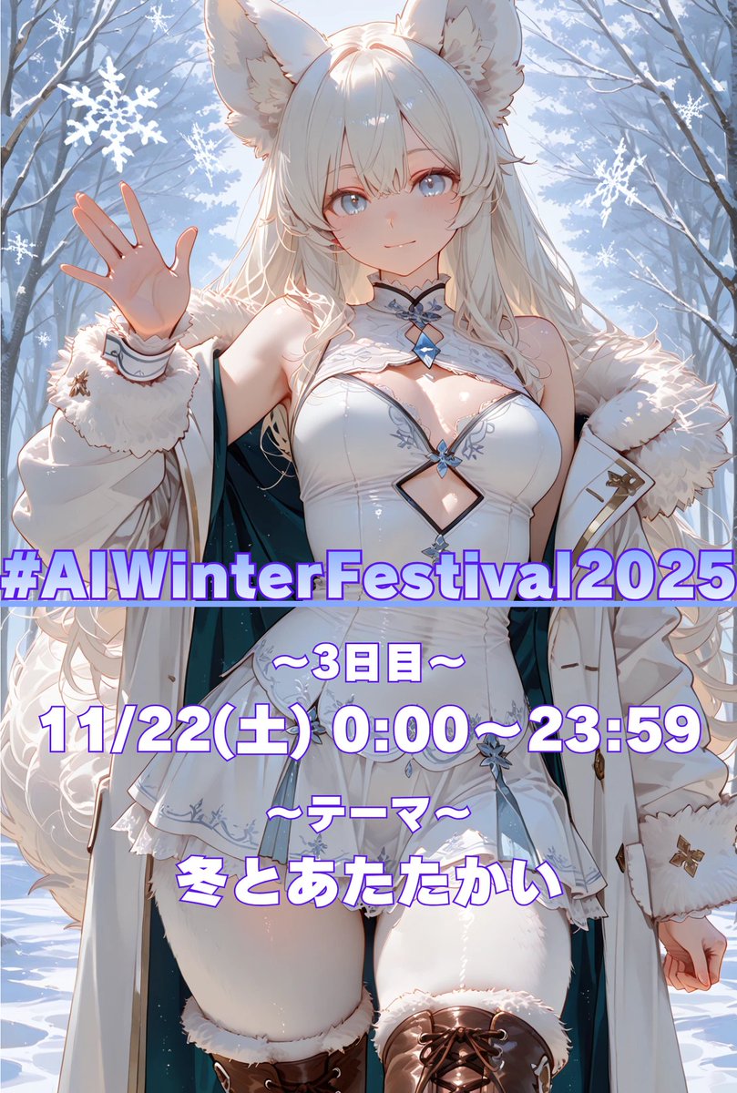 aimless_enjoizm's tweet image. ❄️『#AIWinterFestival2025』❄️
　  3日目の担当はえいむです♪
　     11/22(土) 0:00 ～ 23:59
 ❄️テーマ：冬とあたたかい☕

冬っぽくて❄️☃️🎄
あたたかいっぽければ🔥☕🧥🧣
何でも🆗です💕

みなさんの作品で✨
イベント盛り上げてくださいね∩(´∀｀∩)

💡あたたかいのヒント💡…