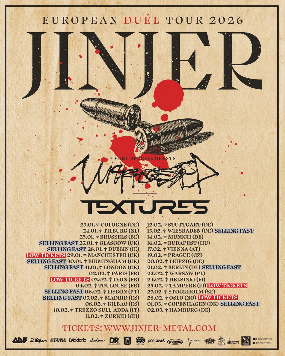 jinjerofficial's tweet photo. EU/UK TOUR 2026 UPDATE
🚨 Low Ticket Alerts for Manchester † Lyon † Tampere † Oslo 🚨‼️ Plus many other shows are selling fast… with very special guests Unprocessed + Textures!
Grab your ticket NOW:
https://t.co/lJHEdR3FRX
#jinjer #unprocessed #textures https://t.co/lMocsJDgAL