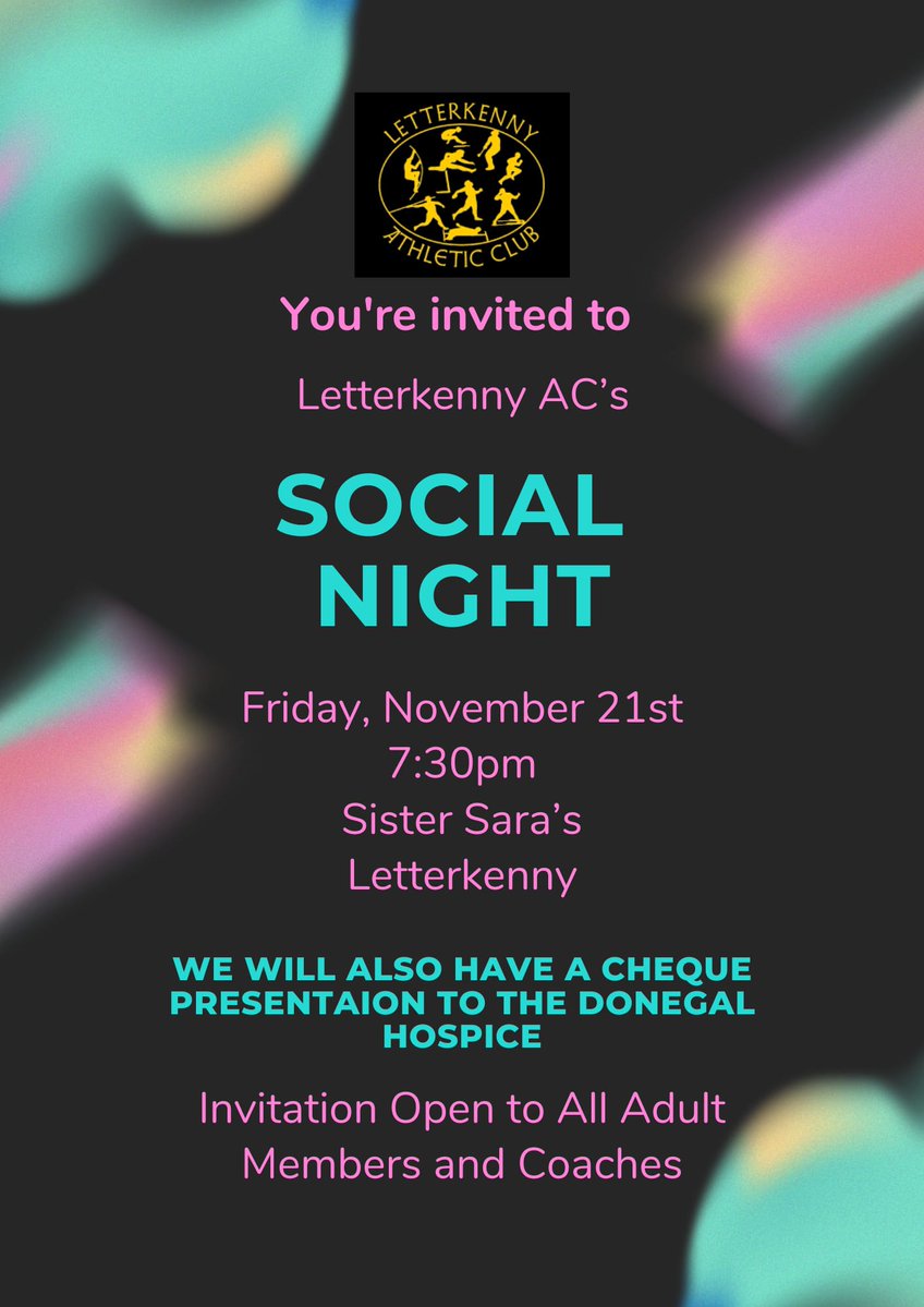 A quick reminder of our social night tonight, with the cheque presentation to Donegal Hospice. We will also be presenting some senior awards. Hope to see you all there.