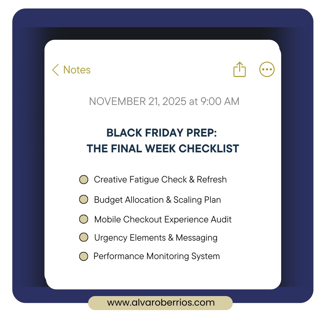ImAlvaroBerrios's tweet image. 🎯 Thanksgiving next week! Final checklist:

✅Creative refresh ready
✅40% budget for Fri-Mon
✅Mobile checkout tested
✅Urgency elements added
✅Monitoring alerts set

Pro Tip: Complete Mon/Tue before holiday, not during peak traffic!

Prep status? #MetaAds #FBads #BlackFriday