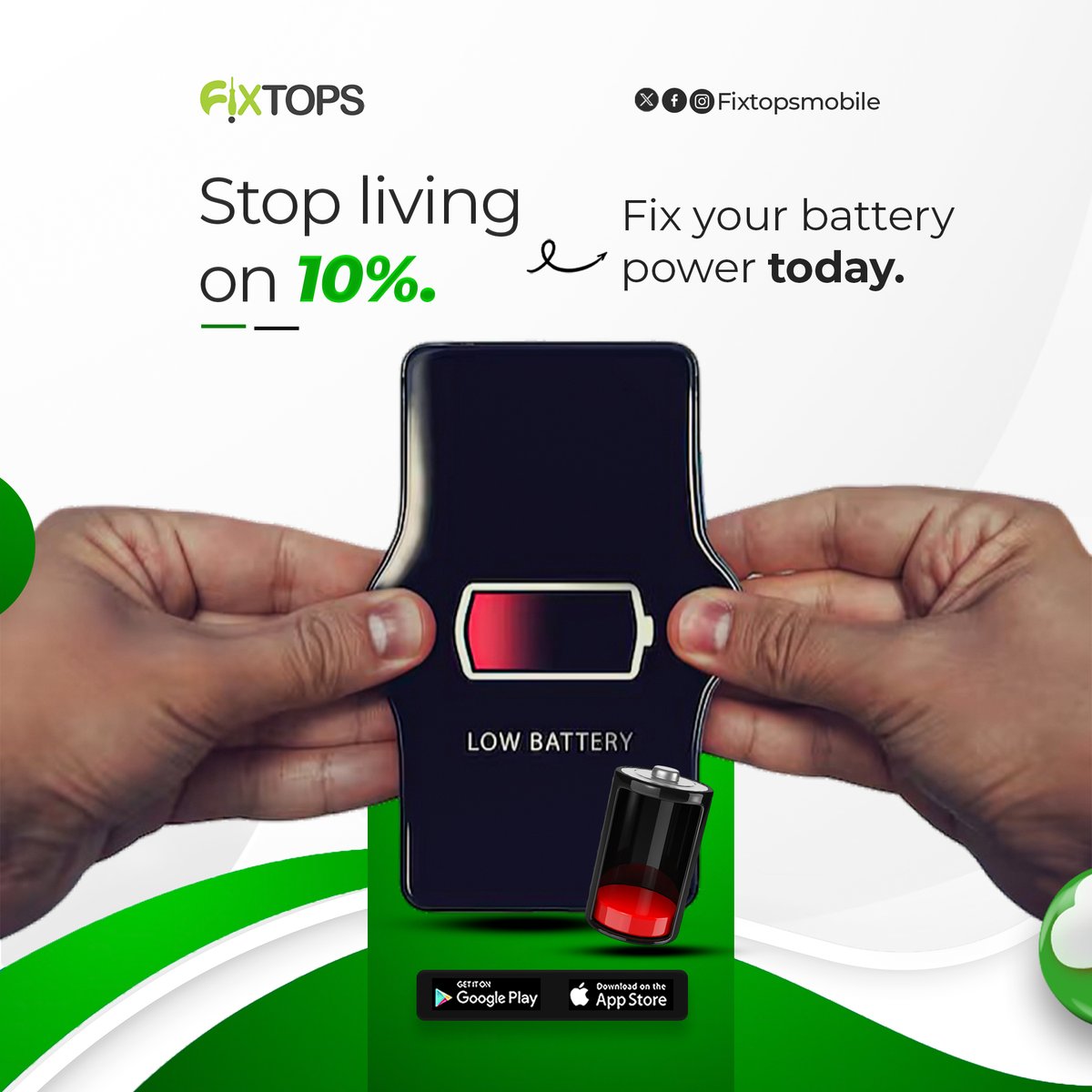 FixtopsNG's tweet image. Stop living on 10%.
Boost your battery power today.

fix it now and stay powered all day.

#Fixtops #BatteryReplacement #PhoneBattery #StayPowered #FixItSmart #TechCare #DeviceRepair