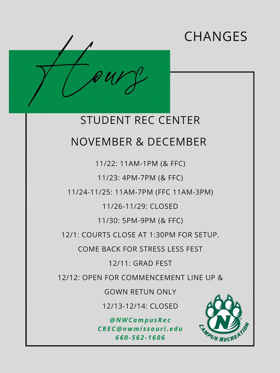 Have a great fall break, Cats! Come see us if you’re in town. 

@fosterfitnesscenter