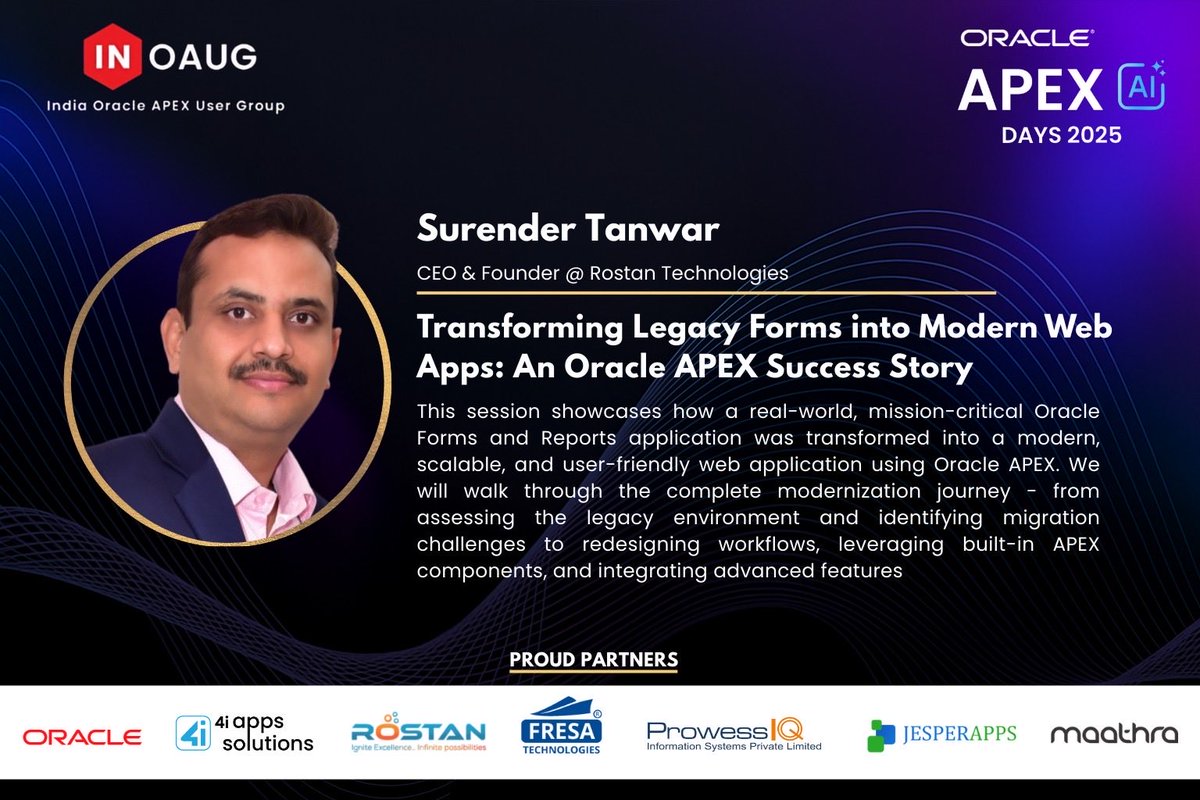 inoaug's tweet image. 🚀 Modernize Oracle Forms with APEX! Join Surender Tanwar as he showcases a real transformation from legacy systems to modern, scalable, user-friendly APEX apps.

📅 22 Nov 2025 
🕗 8:30–5:30 
📍 Gurugram

Register: inoaug.org/ords/r/inoaug/…

#BuildWithAPEX #FutureReady