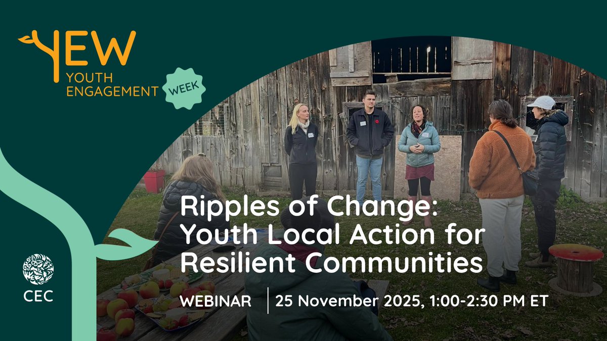 CECweb's tweet image. 🍎 We have the perfect webinar for you!

🌱Ripples of Change: #Youth Local Action for Resilient Communities

🗓️ 25 Nov.
⏰ 1:00-2:30 PM ET
Last #YouthEngagementWeek webinar!

🌱 Join the conversation! 
👉cec.org/youth-engageme…