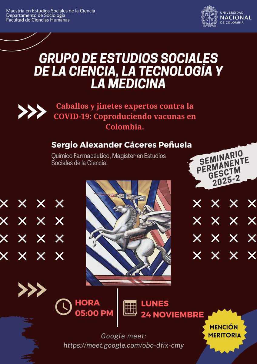 Gesctm's tweet photo. 🎓📢 ¡No te pierdas la 5.ª sesión del #SeminarioGESCTM!
🔬🧠 Ponencia: “Caballos y jinetes expertos contra la COVID-19: Coproduciendo vacunas en Colombia”
🎙️ Sergio Cáceres Peñuela
📅 Lunes 24 de noviembre ⏰ 5:00 p.m. (COL)
📍 Modalidad virtual
🔗 https://t.co/zITy9naeaZ https://t.co/CVYnWC5Jnc