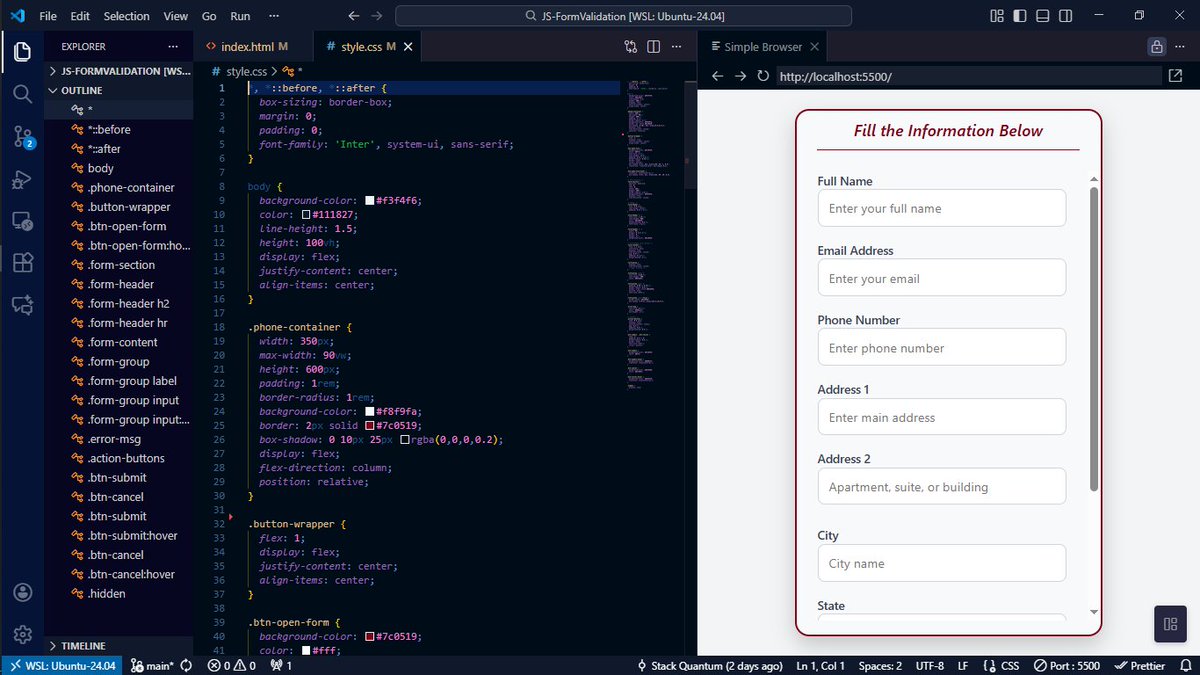 StackQuantum1's tweet image. Day 2 on my Form Validation project 👨‍💻 Wrapped the full HTML &amp;amp; CSS structure, responsive layout, clean UI, and error states ready.

diving into: JavaScript validation logic + Regex 🔥

#BuildInPublic #JavaScript #WebDevelopment #FrontendDev #DevCommunity #Rct #LearningInPublic