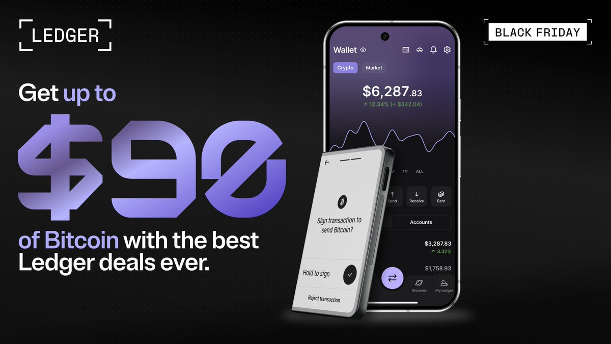 Ledger's tweet image. Black Friday at Ledger just went ultra bullish.

Snag up to $90 in BTC and stack sats while the market takes a power nap.

Save up to 50% on the tools that keep your bags safe.

If there was ever a moment to secure your digital life and get rewarded for it, this is it.