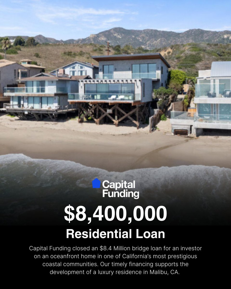 CapFundingFin's tweet photo. Our recent closings show the speed and flexibility of financing from https://t.co/kElqwzqODC. Capital Funding closed an $8.4 Million bridge loan for an investor on an oceanfront home in Malibu, CA. https://t.co/kElqwzqODC

#hardmoneyloans #hardmoneylender #hardmoney https://t.co/gc7NRu3Uw7