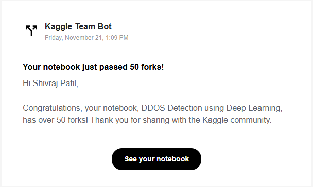 ShivrajTwT's tweet image. I had forgotten about my “DDOS Detection using Deep Learning” notebook from my final year project, so seeing it suddenly hit 50 forks, 800 views, and 14 upvotes on Kaggle was a huge and unexpected surprise.
notebook:
kaggle.com/code/shivrajpa…

#machinelearningprojects #DeepLearning