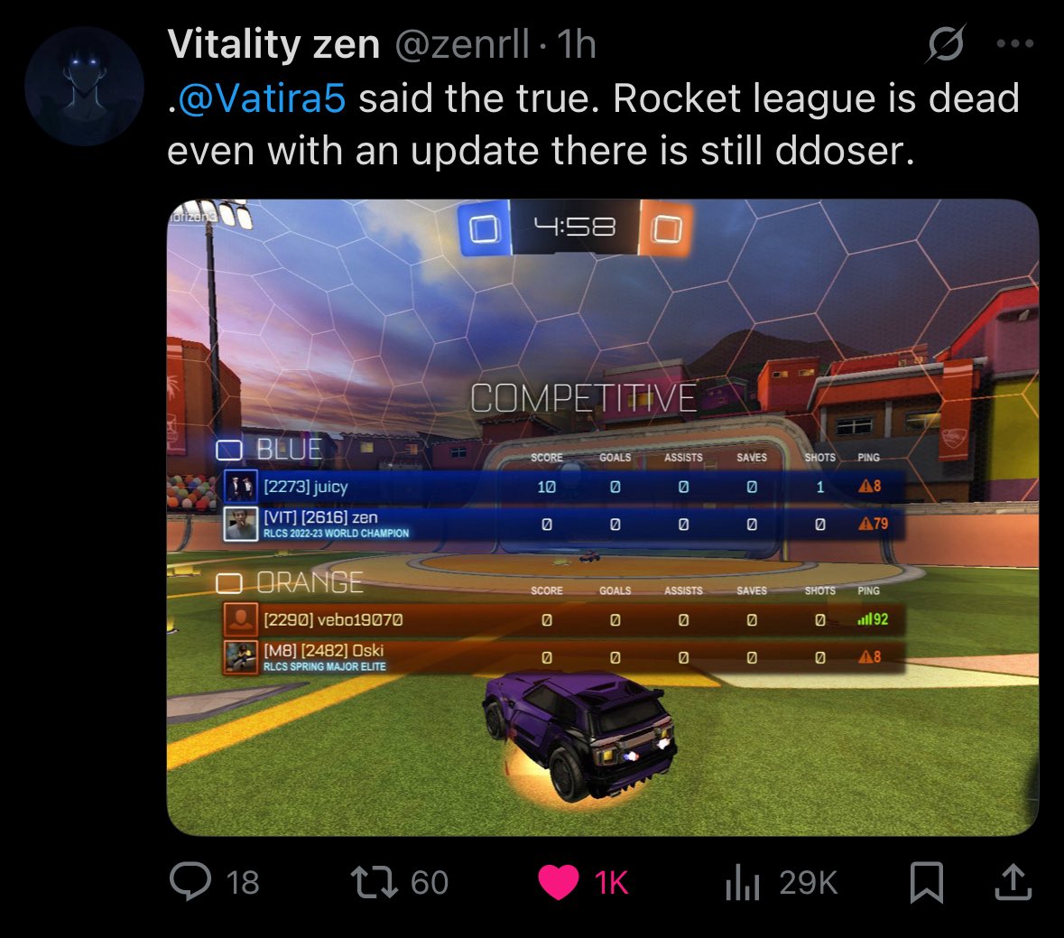 TheBopPops's tweet image. Even after the update, Zen and Vatira and other pros are still dealing with DDOSing in their ranked games

With RLCS this weekend, these pros can’t even properly practice when there’s a whole LAN on the line

What’s happened to our beautiful game 💔