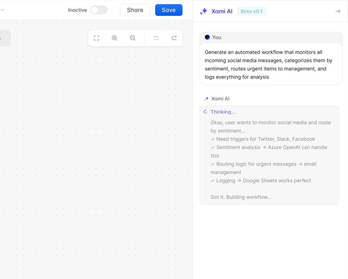 timothymaarv's tweet image. Complete flow for generating workflows with AI ✨