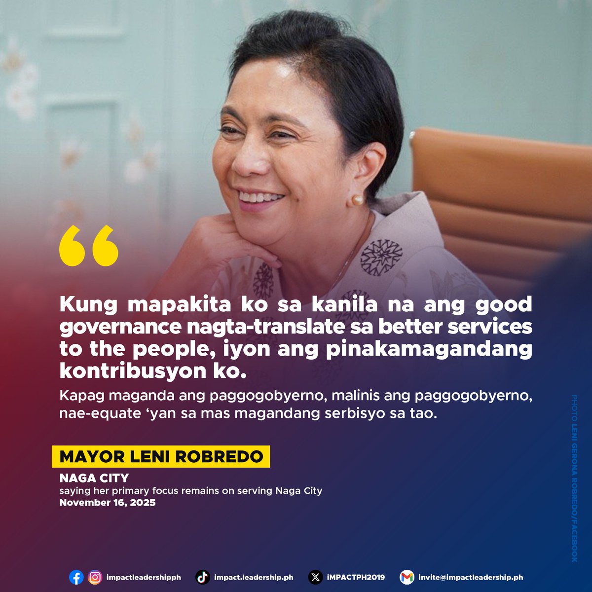 iMPACTPH2019's tweet image. LENI: GOOD GOVERNANCE IS MY CONTRIBUTION TO NATION-BUILDING

Naga City Mayor and former Vice President Leni Robredo on Monday, November 16, said her primary focus remains on serving Naga City, even as she acknowledged the importance of staying engaged with national issues.

In a…