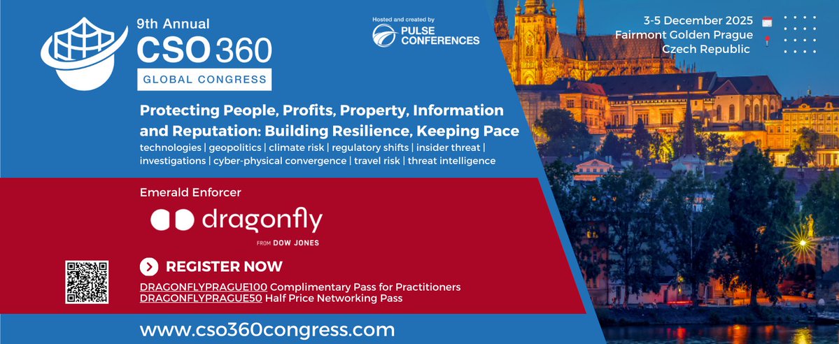 dragonfly_int's tweet image. Proud to sponsor the @pulse_innovate 9th Annual #CSO360 Global Congress in #Prague, Dec 3-5. Don’t miss our panel on  “Resilience in an Age of Strategic Volatility” at 3pm on Day 1.  Learn more: bit.ly/4ib4LU2

#SecurityIntelligence #Geopolitics #RiskResilience