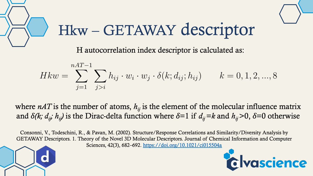 alvascience's tweet image. #descriptoroftheday #moleculardescriptors #qsar #cheminformatics #alvatips

Hkw – GETAWAY descriptor has been proposed in &quot;Structure/Response Correlations and Similarity/Diversity Analysis by...&quot; doi.org/10.1021/ci0155… via @JCIM_JCTC

Check #alvaDesc at: alvascience.com/alvadesc/