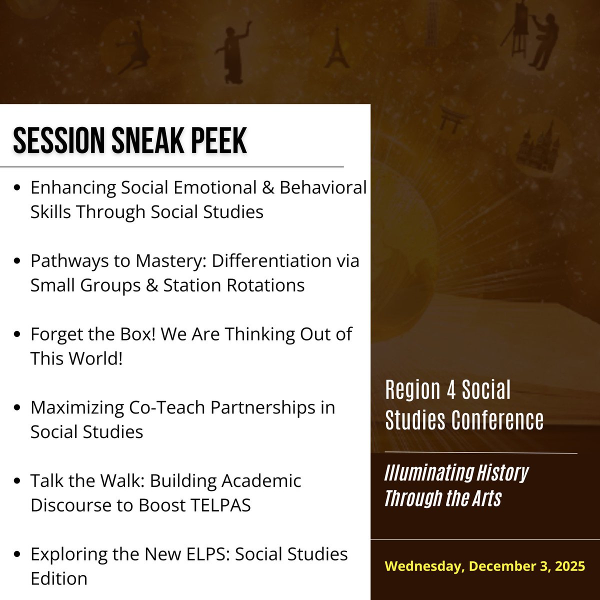 R4Leaders's tweet image. Empower educators. Elevate instruction.

The Region 4 Social Studies Conference gives leaders the tools to strengthen teaching, inspire creativity &amp;amp; boost student engagement.

📅 December 3 
👉 See all sessions: bit.ly/3VqKuza
#Leadership #Region4 #ProfessionalLearning