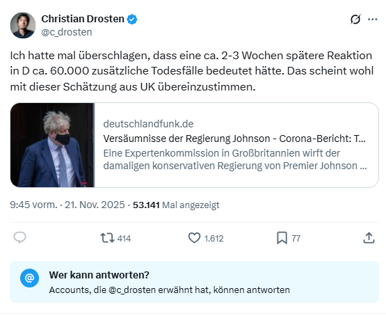 Dr. Osten <a href="/c_drosten/">Christian Drosten</a> schreibt evidenzlosen Schwachsinn und lässt keine Kommentare zu: Das muss Team Wissenschaft sein! 🤡