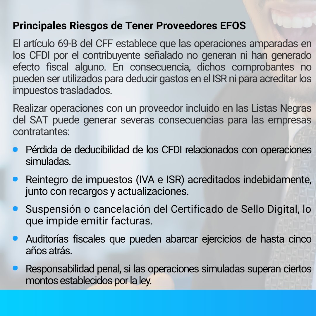 DSOFT_MX's tweet image. Principales Riesgos de Tener Proveedores EFOS

Te compartimos las #implicacionesfiscales y los principales riesgos de tener #proveedores #EFOS.

eListasNegras de #dSoft: herramienta para monitoreo de #contribuyentes en #ListasNegras del #SAT👇
dsoft.mx/sistema-web-pa…

#cptwittwer