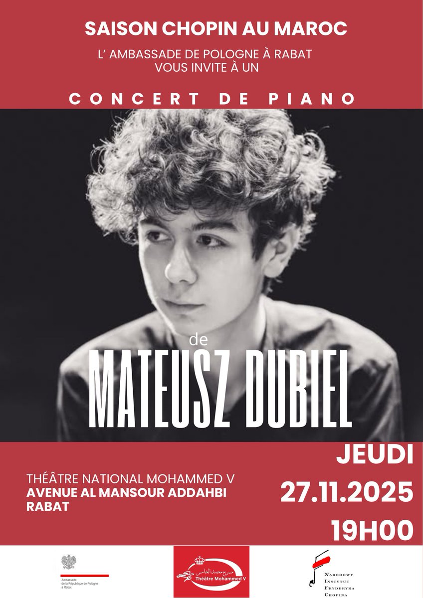 🎹 Dernier concert de la #SaisonChopin 2025 à Rabat ! Le jeune pianiste 🇵🇱 Mateusz Dubiel se produira le 27/11 à 19h au Théâtre National Mohammed V. Ne manquez pas cette soirée dédiée à Chopin !