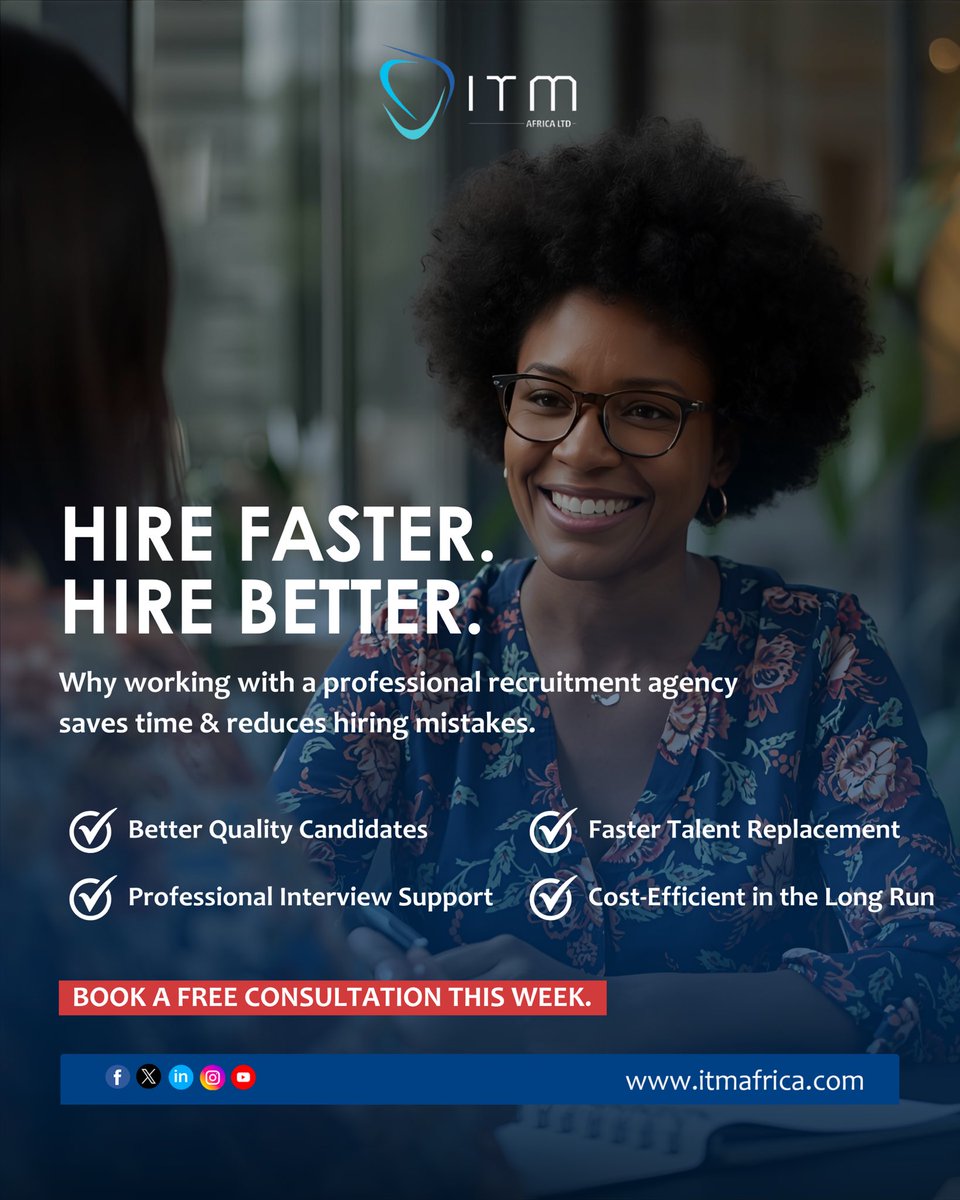 itmafricaltdrw's tweet image. Hiring doesn’t have to be hard.
With ITM Africa, you get quality talent, faster replacements, and expert support all while saving time and money. ✅

📌 Book your free consultation this week

#ITMAfrica #SmartHiring #HRSolutions #RecruitmentAgency #HireBetter #AfricanTalent