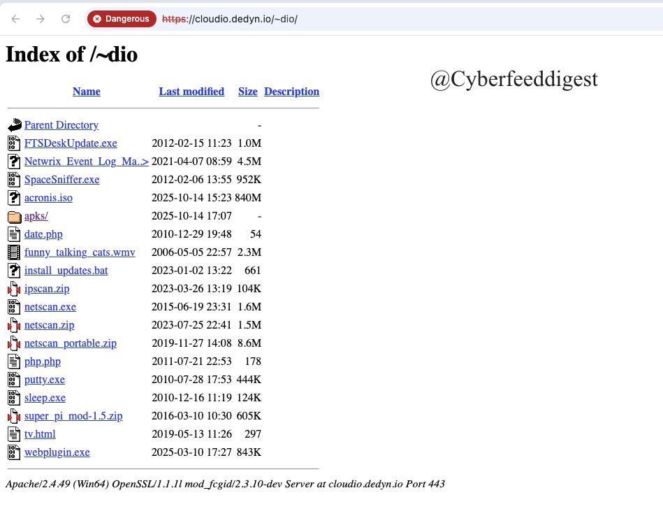cyberfeeddigest's tweet image. 🚨 #Opendir found at hxxps://cloudio[.]dedyn[.]io/~dio/

 flagged by Chrome as dangerous. Handle with caution. Useful for #Malware analysts. 
Sample files include: 
FTSDeskUpdate.exe, SpaceSniffer.exe, netscan.exe/zip, putty.exe, sleep.exe.