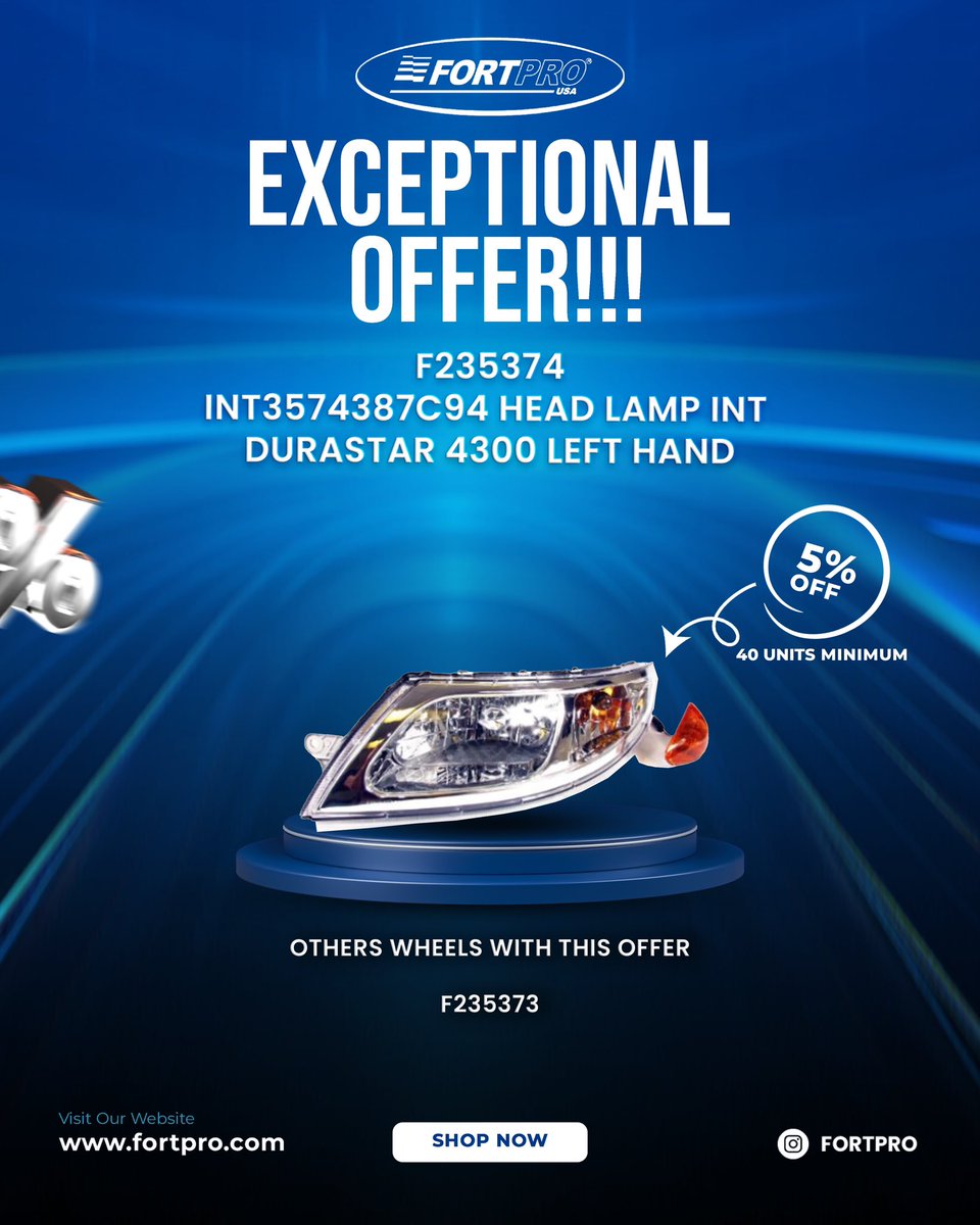Fortpro's tweet image. 🚨 EXCEPTIONAL OFFER!!! 🚨
Light up your road with the quality your International Durastar 4300 deserves.
At FORTPRO USA, we have these premium headlamps available at a special offer:

✨ F235374 — INT3574387C94 Head Lamp Left Hand
✨ F235373 — INT3574388C94 Head Lamp Right Hand